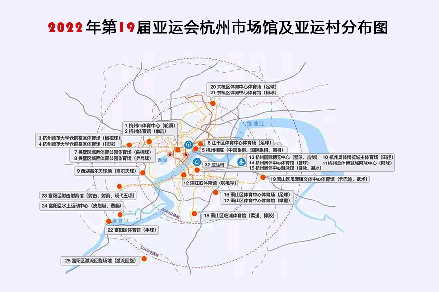 2020年第19屆亞運(yùn)會(huì)杭州市場(chǎng)館及亞運(yùn)村分布圖